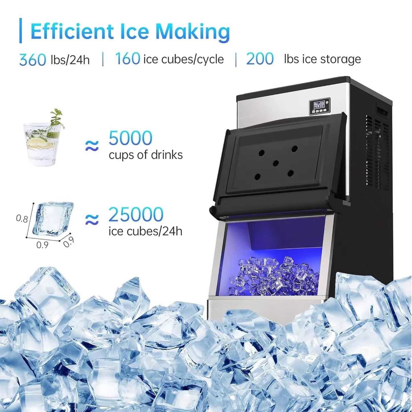 Commercial Ice Maker Machine 250KG/300KG/350KG per 24 Hours – Freestanding Stainless Steel Ice Machine with 220KG Storage for Restaurants, Cafés, Bars & Hotels