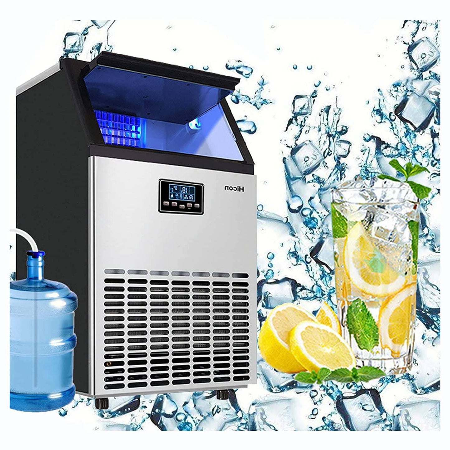 Coolbaby Commercial lce Maker lce Machine Self Clean, 66 Cubes per Batchin 11-18 Minutes 80 KG/24H,15KG Storage Bin, Advanced LCD Panel
