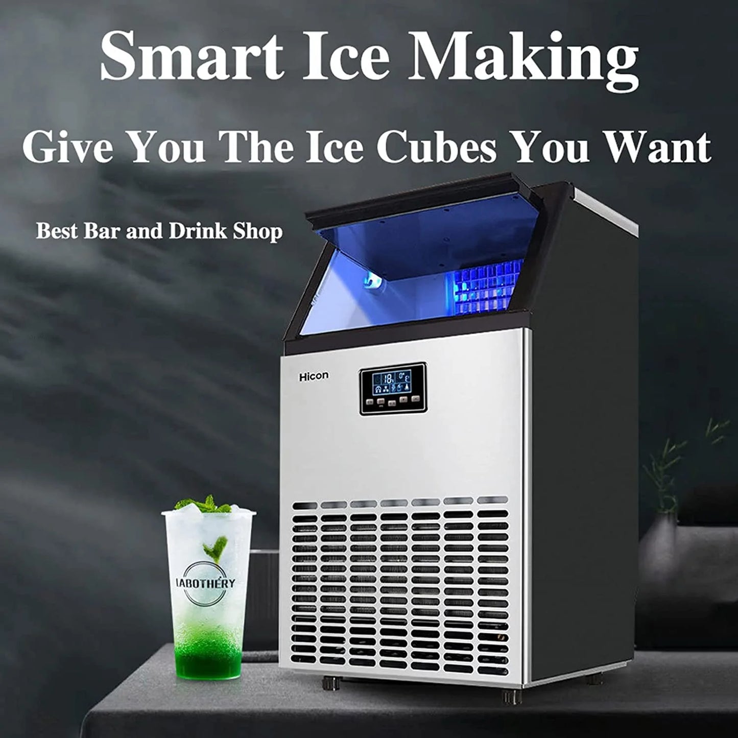 Coolbaby Commercial lce Maker lce Machine Self Clean, 66 Cubes per Batchin 11-18 Minutes 80 KG/24H,15KG Storage Bin, Advanced LCD Panel