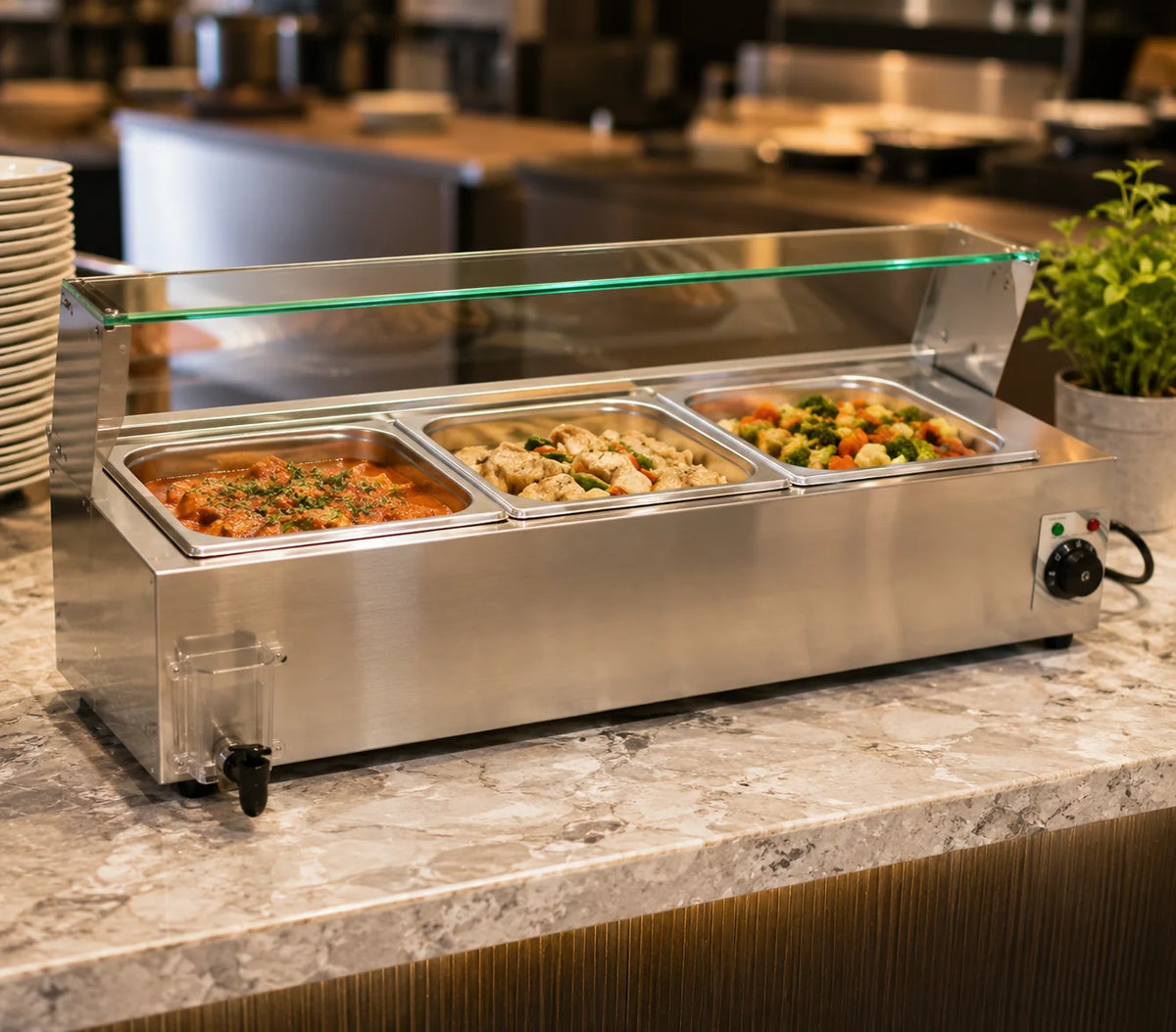 Electric Bain Marie with Glass Counter 3 × 1/2 GN | 1.5KW Stainless Steel Buffet Food Warmer | GN HBM-22