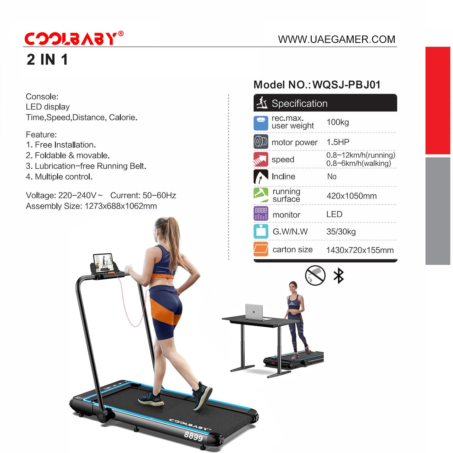 Folding Treadmill, 2 in 1 Under Desk Treadmill with Bluetooth Audio for Office, Home, Adjustable Speeds