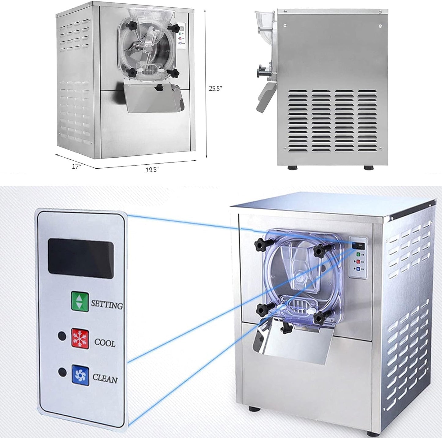 COOLBABY Commercial Desktop Ice Cream Making Machine, Gelato, Stainless Steel, 5.3 Gal/H, 1400W