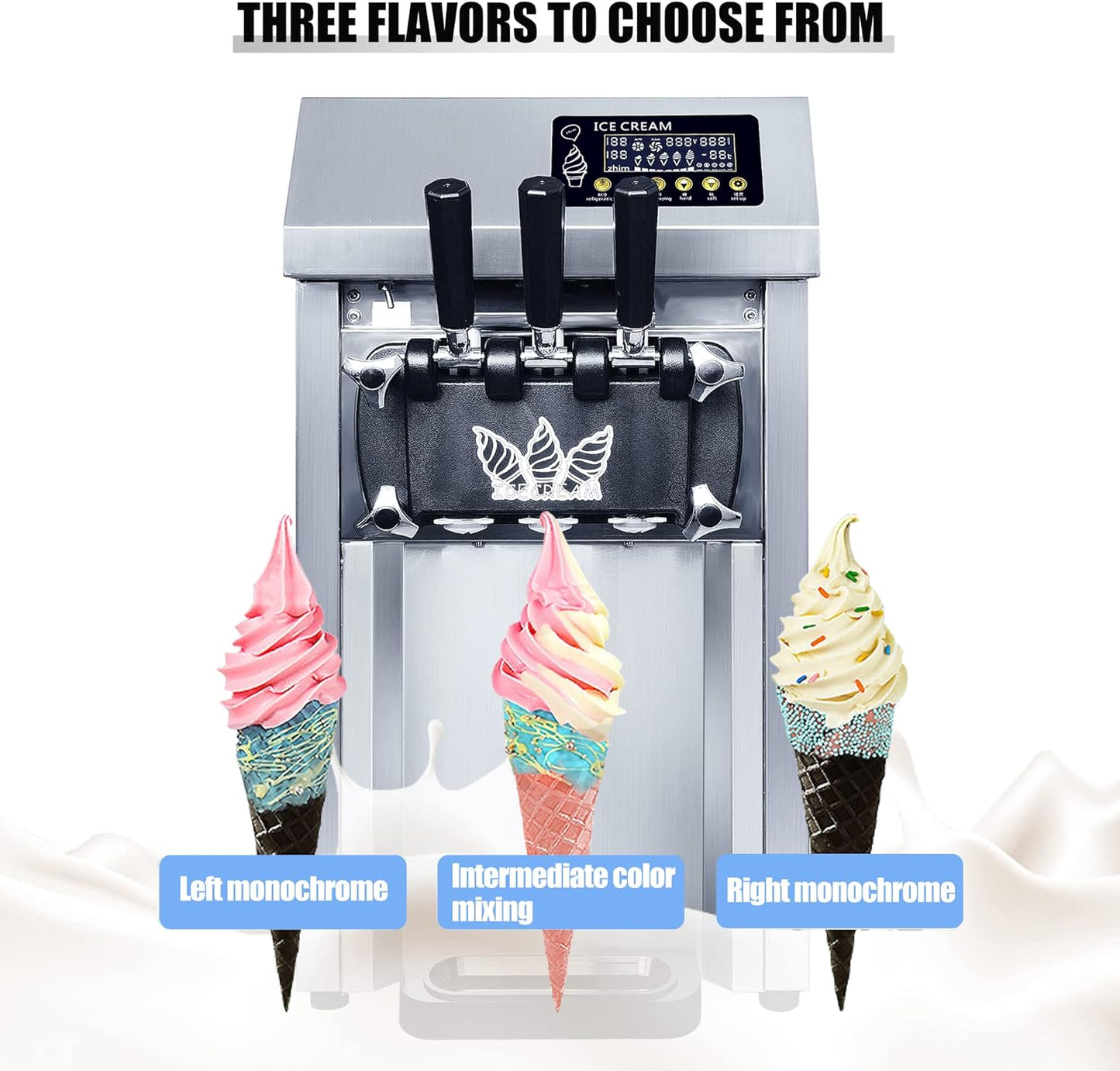 Ice Cream Maker 3 Flavors-Create Homemade Frozen Desserts, Frozen Yogurt, 3L Bowl/1.8L Home Kitchen Commercial