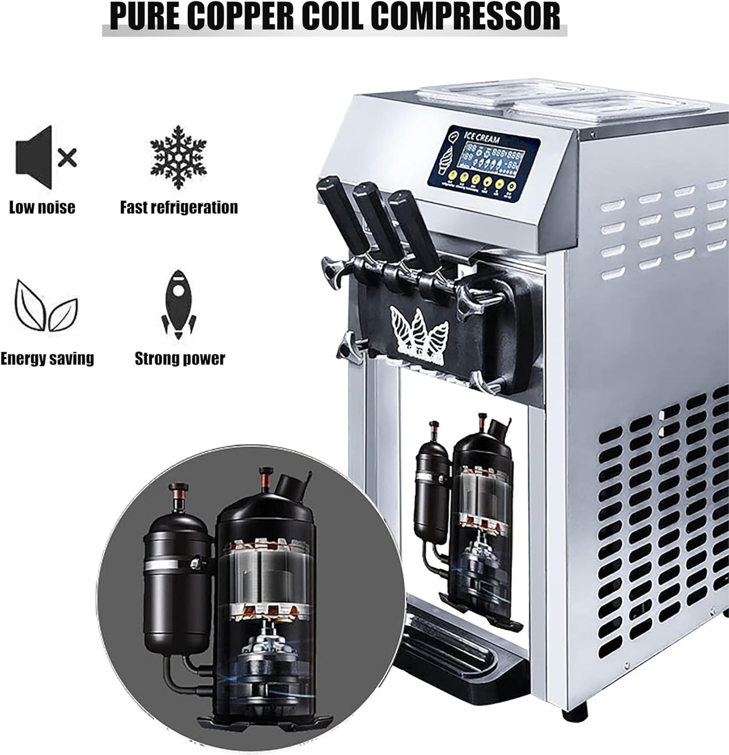 Ice Cream Maker 3 Flavors-Create Homemade Frozen Desserts, Frozen Yogurt, 3L Bowl/1.8L Home Kitchen Commercial