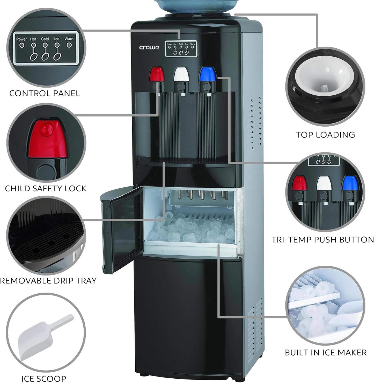 Crownline WD-232 Top Loading Water Dispenser | Hot,Cold,Normal | Ice Maker | Capacity 12kg/24Hrs - COOLBABY