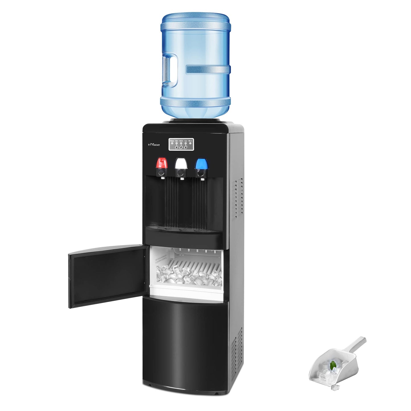 2-in-1 Water Cooler Dispenser with Built-in Ice Maker, Electric Hot Cold Water Cooler, 27LBS/24H Ice Maker Machine with Child Safety Lock (Black)